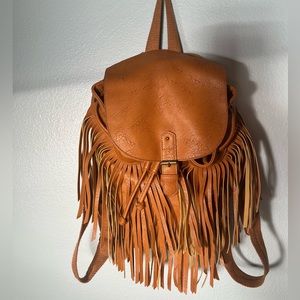 Woman's Mossimo Brown Faux Leather Backpack/Purse with Fringe Detail
